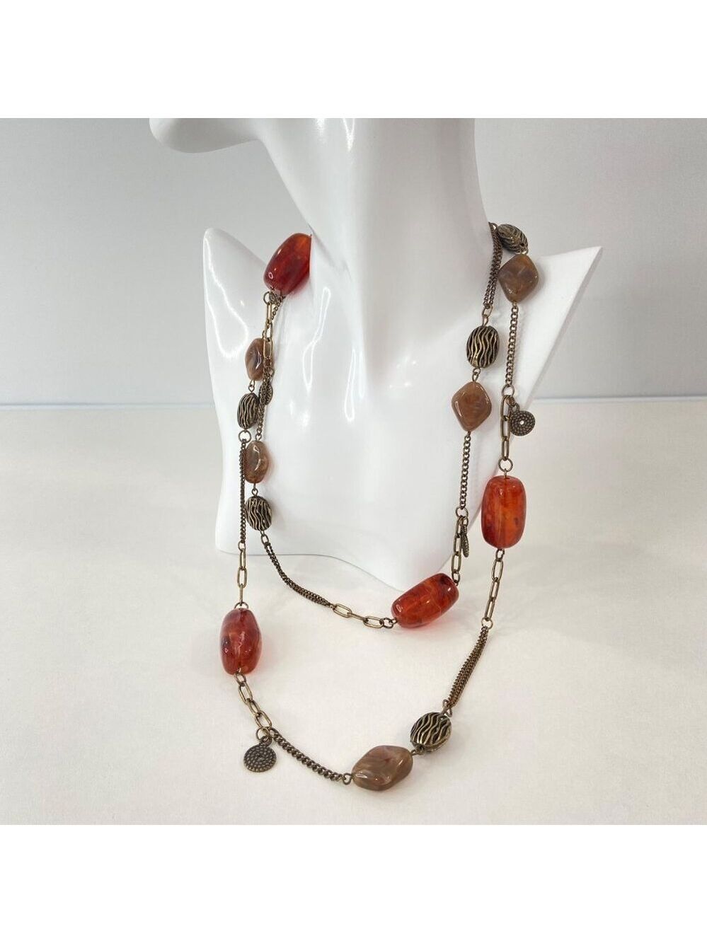 Vintage-Inspired Long Necklace With Red & Brown Beads Antique Bronze Chain Boho